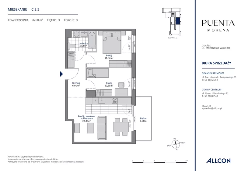 3 pokoje, apartament 56,60 m², piętro 3, oferta nr C.3.5, Puenta Morena, Gdańsk, Piecki-Migowo, ul. Morenowe Wzgórze 36, 38a, 38b