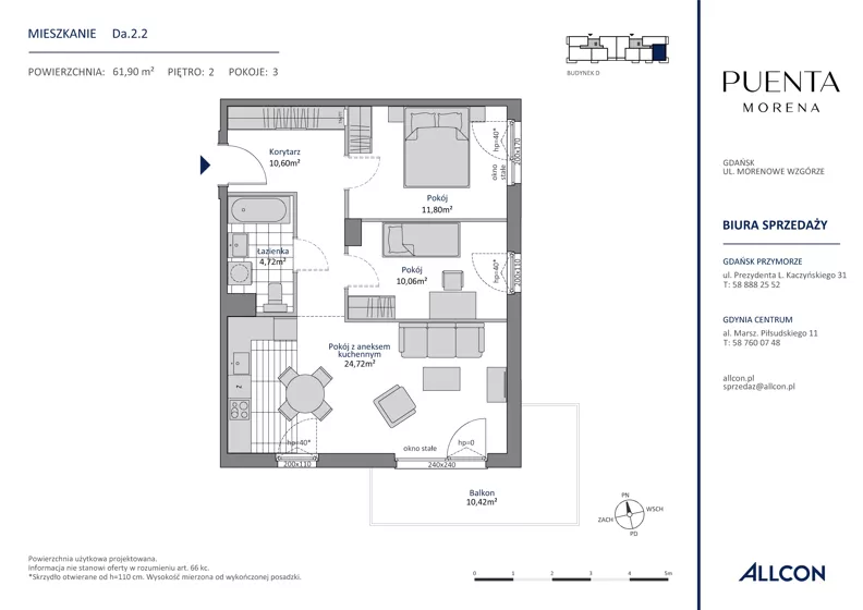 3 pokoje, apartament 61,90 m², piętro 2, oferta nr Da.2.2, Puenta Morena, Gdańsk, Piecki-Migowo, ul. Morenowe Wzgórze 36, 38a, 38b
