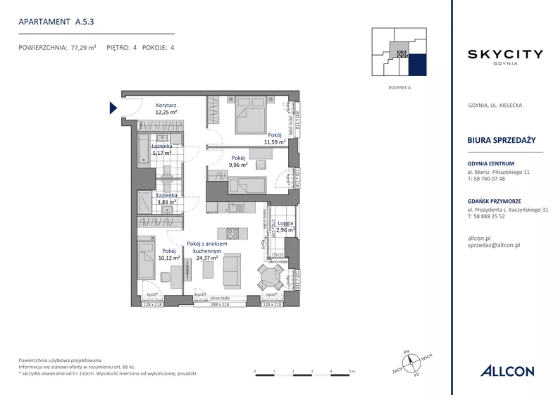 4 pokoje, apartament 77,29 m², piętro 4, oferta nr A.5.3, SKYCITY Gdynia, Gdynia, Wzgórze Św. Maksymiliana, ul. Kielecka