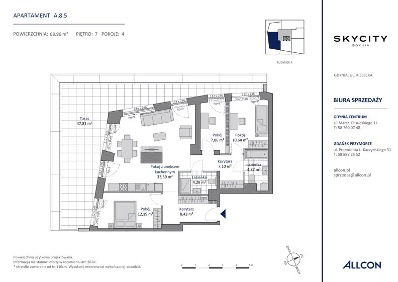 4 pokoje, apartament 88,96 m², piętro 7, oferta nr A.8.5, SKYCITY Gdynia, Gdynia, Wzgórze Św. Maksymiliana, ul. Kielecka