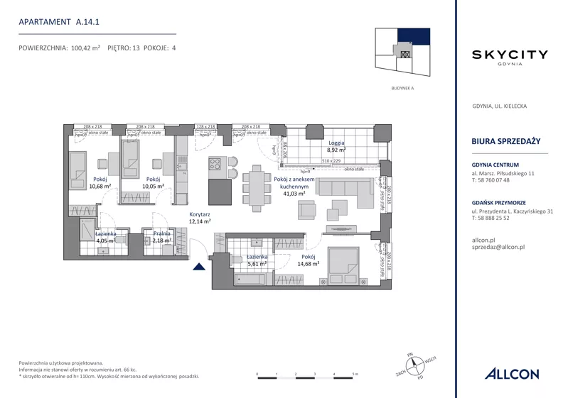 4 pokoje, apartament 100,42 m², piętro 13, oferta nr A.14.1, SKYCITY Gdynia, Gdynia, Wzgórze Św. Maksymiliana, ul. Kielecka