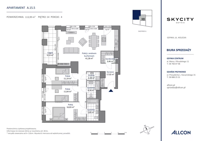 4 pokoje, apartament 113,99 m², piętro 14, oferta nr A.15.5, SKYCITY Gdynia, Gdynia, Wzgórze Św. Maksymiliana, ul. Kielecka
