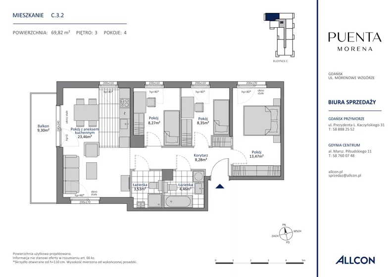 4 pokoje, apartament 69,82 m², piętro 3, oferta nr C.3.2, Puenta Morena, Gdańsk, Piecki-Migowo, ul. Morenowe Wzgórze 36, 38a, 38b