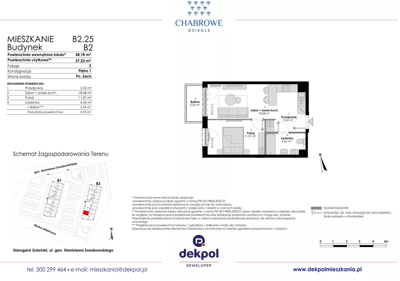 2 pokoje, mieszkanie 37,23 m², piętro 1, oferta nr B2.25, Osiedle Chabrowe, Starogard Gdański, ul. Gen. Stanisław Sosabowskiego