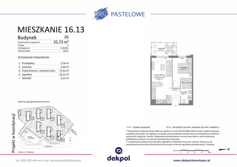 2 pokoje, mieszkanie 35,73 m², piętro 1, oferta nr 16.13, Osiedle Pastelowe, Gdańsk, Orunia Górna-Gdańsk Południe, Gdańsk-Południe, ul. Pastelowa