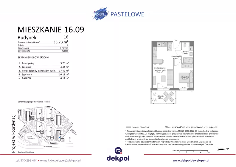 2 pokoje, mieszkanie 35,73 m², piętro 1, oferta nr 16.09, Osiedle Pastelowe, Gdańsk, Orunia Górna-Gdańsk Południe, Gdańsk-Południe, ul. Pastelowa