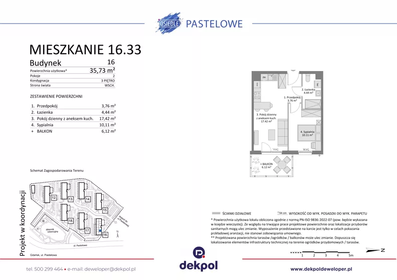 2 pokoje, mieszkanie 35,73 m², piętro 3, oferta nr 16.33, Osiedle Pastelowe, Gdańsk, Orunia Górna-Gdańsk Południe, Gdańsk-Południe, ul. Pastelowa