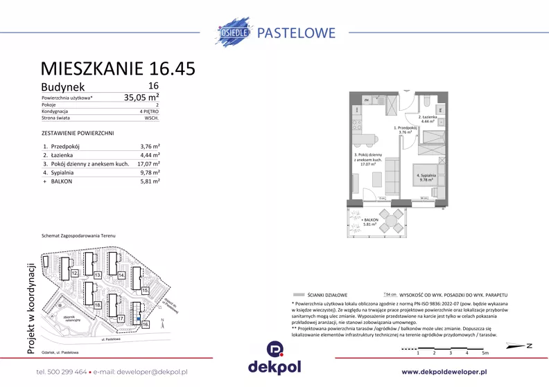 2 pokoje, mieszkanie 35,05 m², piętro 4, oferta nr 16.45, Osiedle Pastelowe, Gdańsk, Orunia Górna-Gdańsk Południe, Gdańsk-Południe, ul. Pastelowa