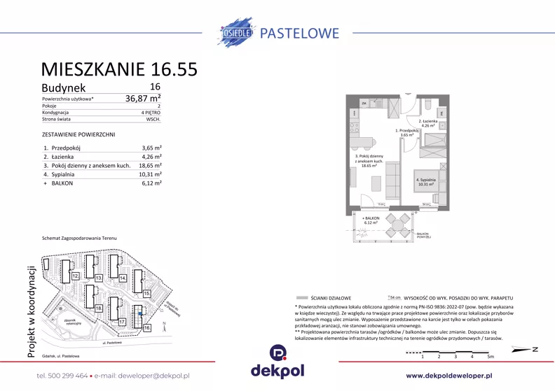 2 pokoje, mieszkanie 36,87 m², piętro 4, oferta nr 16.55, Osiedle Pastelowe, Gdańsk, Orunia Górna-Gdańsk Południe, Gdańsk-Południe, ul. Pastelowa