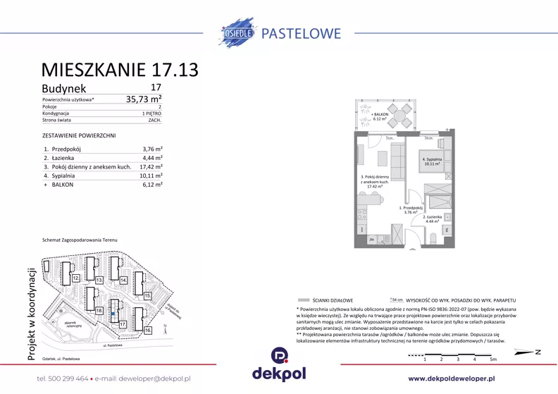 2 pokoje, mieszkanie 35,73 m², piętro 1, oferta nr 17.13, Osiedle Pastelowe, Gdańsk, Orunia Górna-Gdańsk Południe, Gdańsk-Południe, ul. Pastelowa