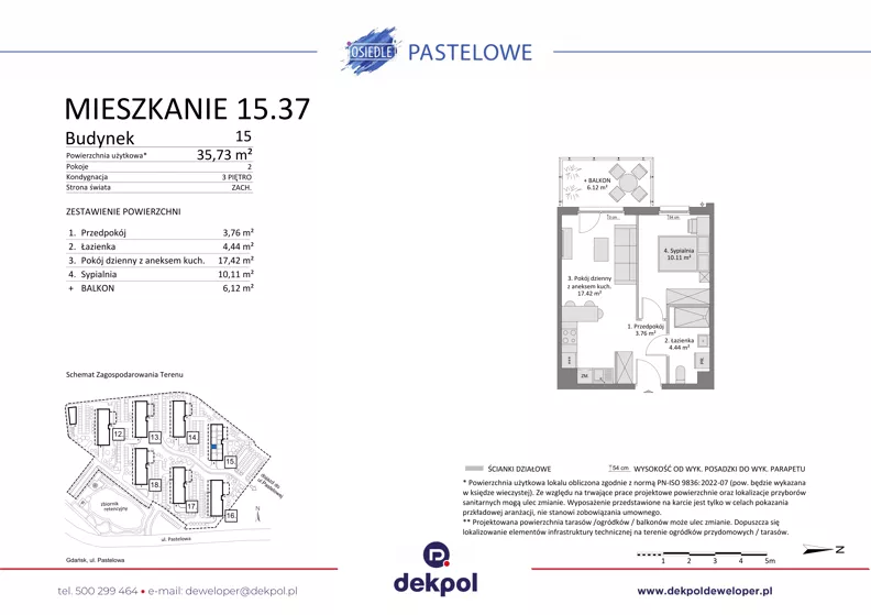 2 pokoje, mieszkanie 35,73 m², piętro 3, oferta nr 15.37, Osiedle Pastelowe - V etap, Gdańsk, Ujeścisko-Łostowice, Łostowice, ul. Pastelowa
