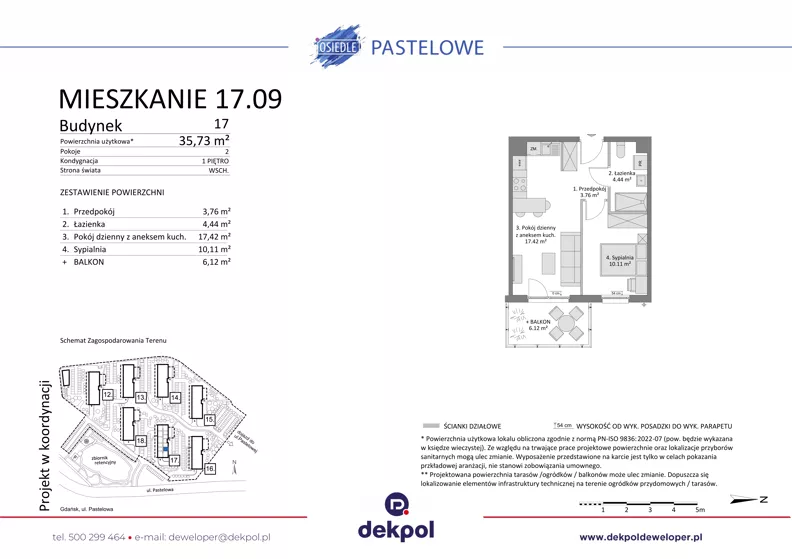 2 pokoje, mieszkanie 35,73 m², piętro 1, oferta nr 17.09, Osiedle Pastelowe - VI etap, Gdańsk, Ujeścisko-Łostowice, Łostowice, ul. Pastelowa