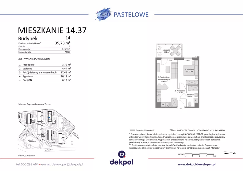2 pokoje, mieszkanie 35,73 m², piętro 3, oferta nr 14.37, Osiedle Pastelowe - V etap, Gdańsk, Ujeścisko-Łostowice, Łostowice, ul. Pastelowa
