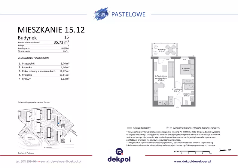 2 pokoje, mieszkanie 35,73 m², piętro 1, oferta nr 15.12, Osiedle Pastelowe - V etap, Gdańsk, Ujeścisko-Łostowice, Łostowice, ul. Pastelowa