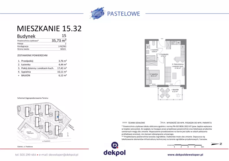 2 pokoje, mieszkanie 35,73 m², piętro 3, oferta nr 15.32, Osiedle Pastelowe - V etap, Gdańsk, Ujeścisko-Łostowice, Łostowice, ul. Pastelowa