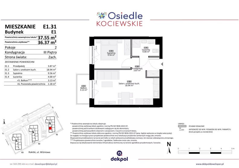 2 pokoje, mieszkanie 36,37 m², piętro 3, oferta nr E1.31, Osiedle Kociewskie III, Rokitki, ul. Tczewska