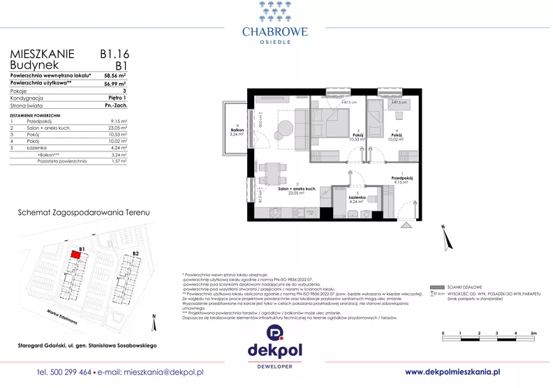 3 pokoje, mieszkanie 56,99 m², piętro 1, oferta nr B1.16, Osiedle Chabrowe, Starogard Gdański, ul. Gen. Stanisław Sosabowskiego