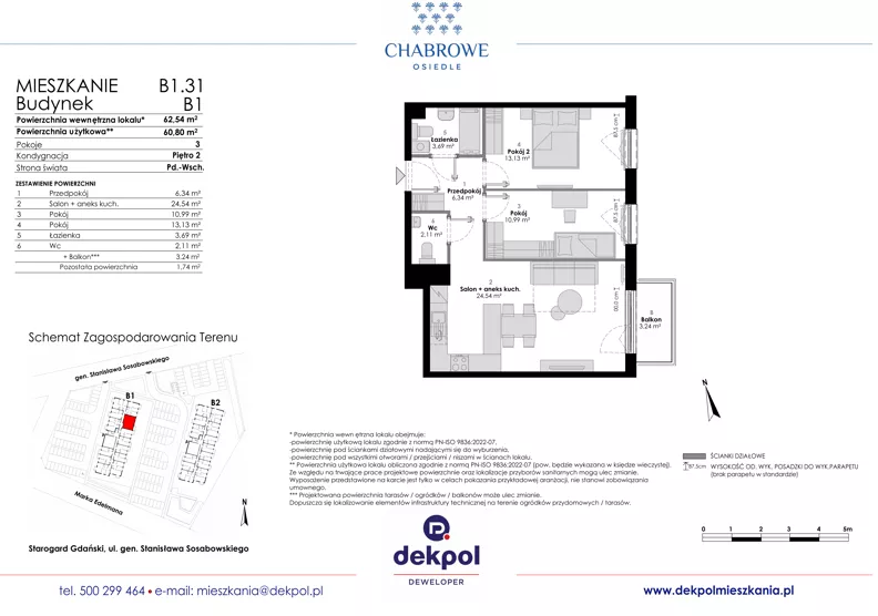 3 pokoje, mieszkanie 60,80 m², piętro 2, oferta nr B1.31, Osiedle Chabrowe, Starogard Gdański, ul. Gen. Stanisław Sosabowskiego