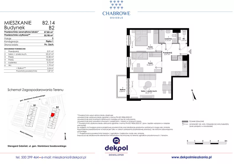 3 pokoje, mieszkanie 55,98 m², piętro 1, oferta nr B2.14, Osiedle Chabrowe, Starogard Gdański, ul. Gen. Stanisław Sosabowskiego