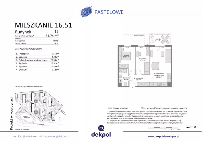 3 pokoje, mieszkanie 54,74 m², piętro 4, oferta nr 16.51, Osiedle Pastelowe, Gdańsk, Orunia Górna-Gdańsk Południe, Gdańsk-Południe, ul. Pastelowa