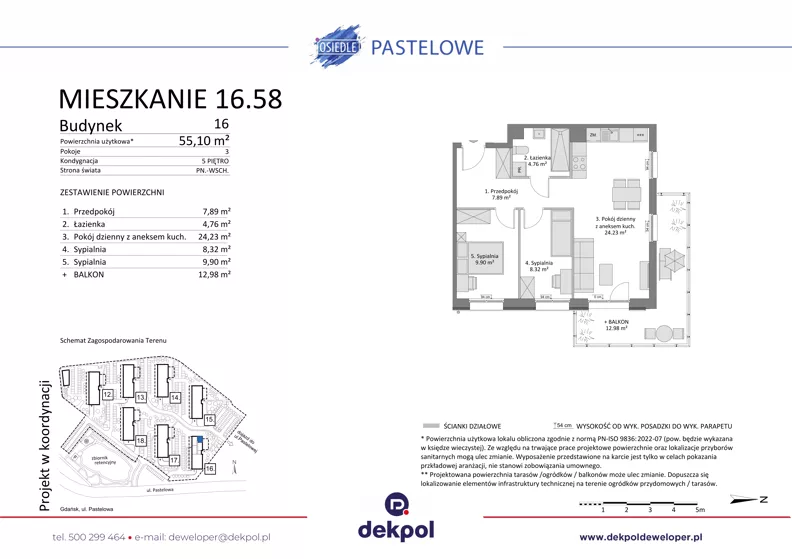 3 pokoje, mieszkanie 55,10 m², piętro 5, oferta nr 16.58, Osiedle Pastelowe, Gdańsk, Orunia Górna-Gdańsk Południe, Gdańsk-Południe, ul. Pastelowa