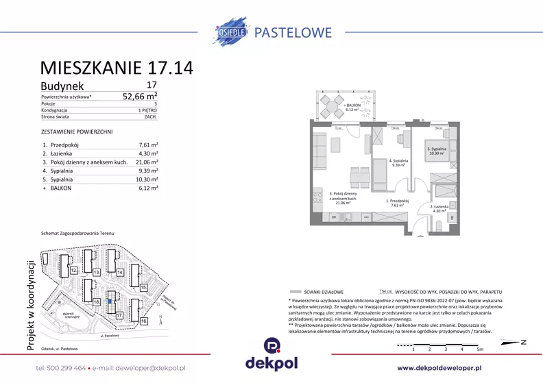 3 pokoje, mieszkanie 52,66 m², piętro 1, oferta nr 17.14, Osiedle Pastelowe, Gdańsk, Orunia Górna-Gdańsk Południe, Gdańsk-Południe, ul. Pastelowa
