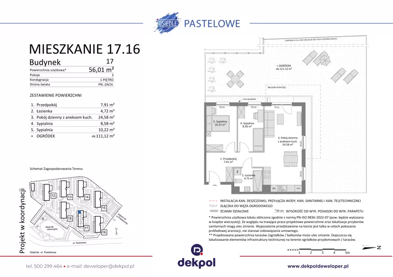 3 pokoje, mieszkanie 56,01 m², piętro 1, oferta nr 17.16, Osiedle Pastelowe, Gdańsk, Orunia Górna-Gdańsk Południe, Gdańsk-Południe, ul. Pastelowa