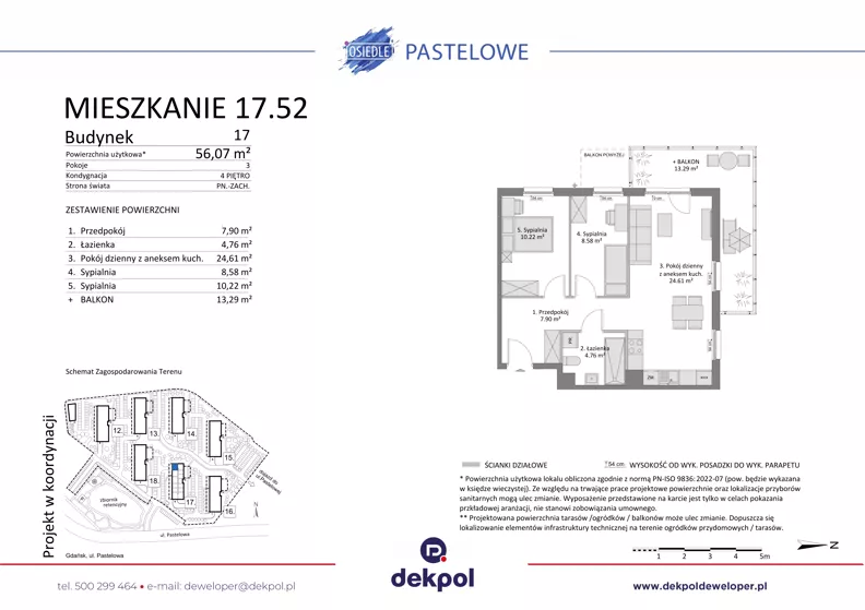 3 pokoje, mieszkanie 56,07 m², piętro 4, oferta nr 17.52, Osiedle Pastelowe, Gdańsk, Orunia Górna-Gdańsk Południe, Gdańsk-Południe, ul. Pastelowa