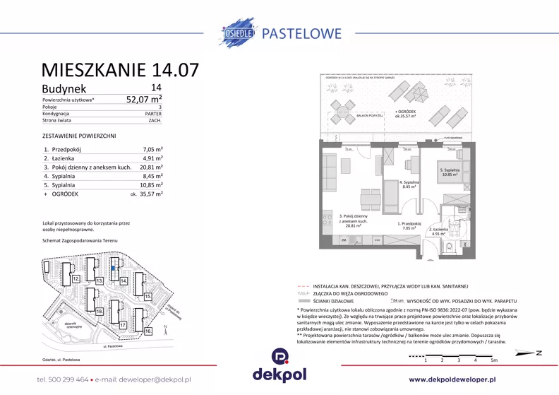 3 pokoje, mieszkanie 52,07 m², parter, oferta nr 14.07, Osiedle Pastelowe - V etap, Gdańsk, Ujeścisko-Łostowice, Łostowice, ul. Pastelowa