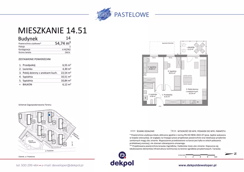3 pokoje, mieszkanie 54,74 m², piętro 4, oferta nr 14.51, Osiedle Pastelowe - V etap, Gdańsk, Ujeścisko-Łostowice, Łostowice, ul. Pastelowa