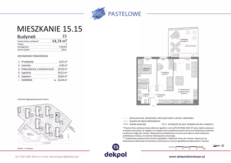 3 pokoje, mieszkanie 54,74 m², piętro 1, oferta nr 15.15, Osiedle Pastelowe - V etap, Gdańsk, Ujeścisko-Łostowice, Łostowice, ul. Pastelowa