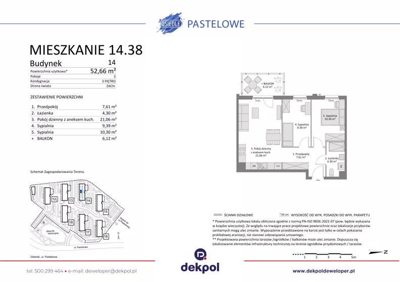 3 pokoje, mieszkanie 52,66 m², piętro 3, oferta nr 14.38, Osiedle Pastelowe - V etap, Gdańsk, Ujeścisko-Łostowice, Łostowice, ul. Pastelowa