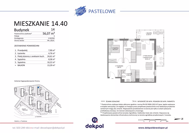 3 pokoje, mieszkanie 56,07 m², piętro 3, oferta nr 14.40, Osiedle Pastelowe - V etap, Gdańsk, Ujeścisko-Łostowice, Łostowice, ul. Pastelowa