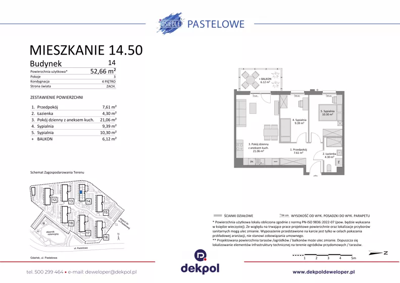 3 pokoje, mieszkanie 52,66 m², piętro 4, oferta nr 14.50, Osiedle Pastelowe - V etap, Gdańsk, Ujeścisko-Łostowice, Łostowice, ul. Pastelowa