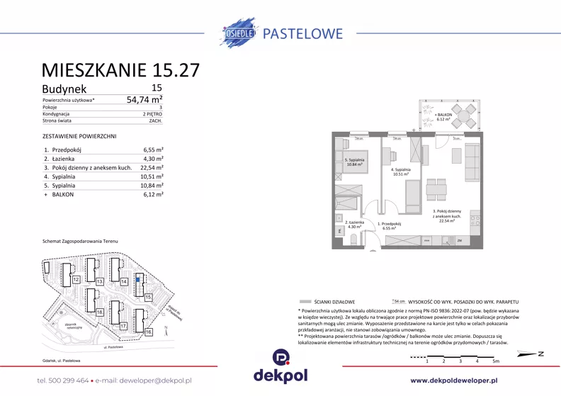 3 pokoje, mieszkanie 54,74 m², piętro 2, oferta nr 15.27, Osiedle Pastelowe - V etap, Gdańsk, Ujeścisko-Łostowice, Łostowice, ul. Pastelowa
