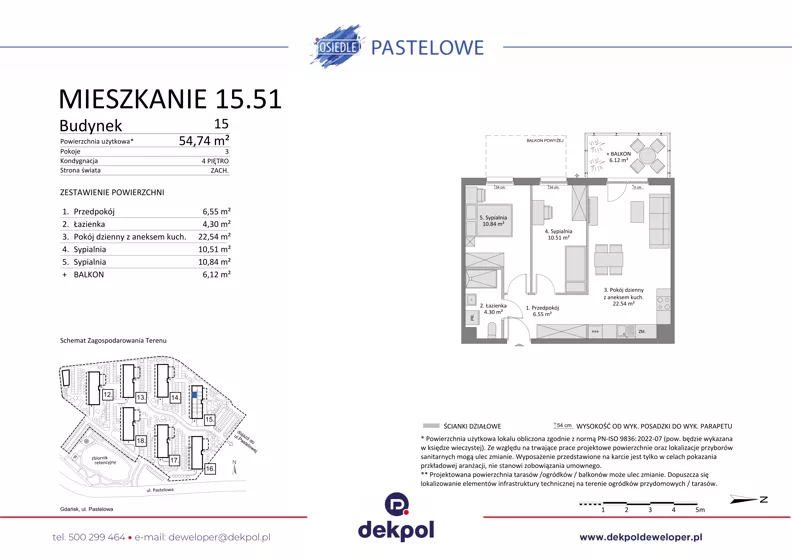 3 pokoje, mieszkanie 54,74 m², piętro 4, oferta nr 15.51, Osiedle Pastelowe - V etap, Gdańsk, Ujeścisko-Łostowice, Łostowice, ul. Pastelowa