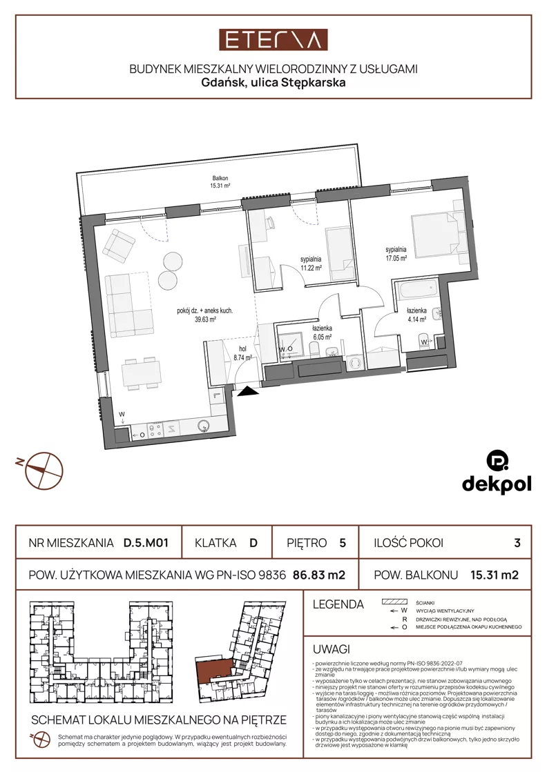 3 pokoje, apartament 86,83 m², piętro 5, oferta nr D.5.M01, ETERNA, Gdańsk, Śródmieście, ul. Stępkarska