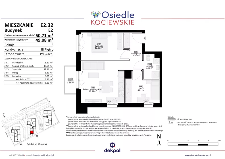3 pokoje, mieszkanie 49,08 m², piętro 3, oferta nr E2.32, Osiedle Kociewskie V, Rokitki, ul. Tczewska