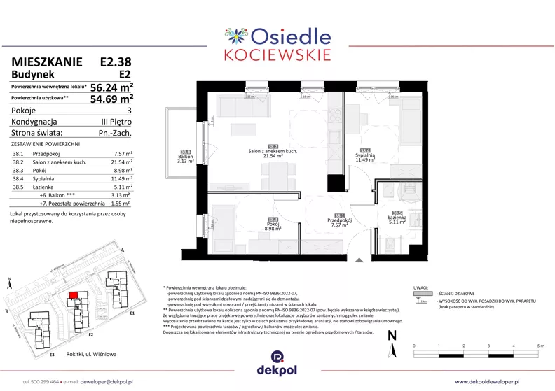 3 pokoje, mieszkanie 54,69 m², piętro 3, oferta nr E2.38, Osiedle Kociewskie III, Rokitki, ul. Tczewska