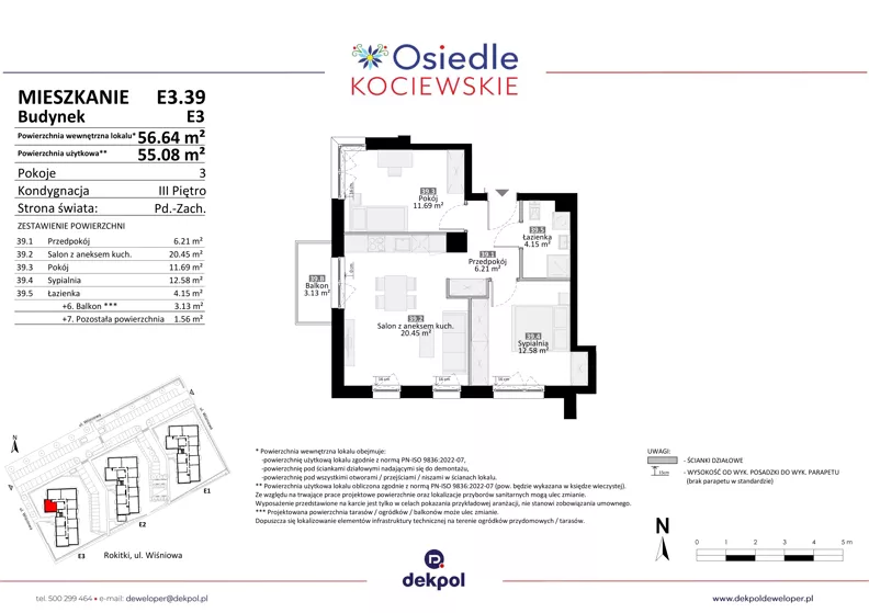 3 pokoje, mieszkanie 55,08 m², piętro 3, oferta nr E3.39, Osiedle Kociewskie III, Rokitki, ul. Tczewska