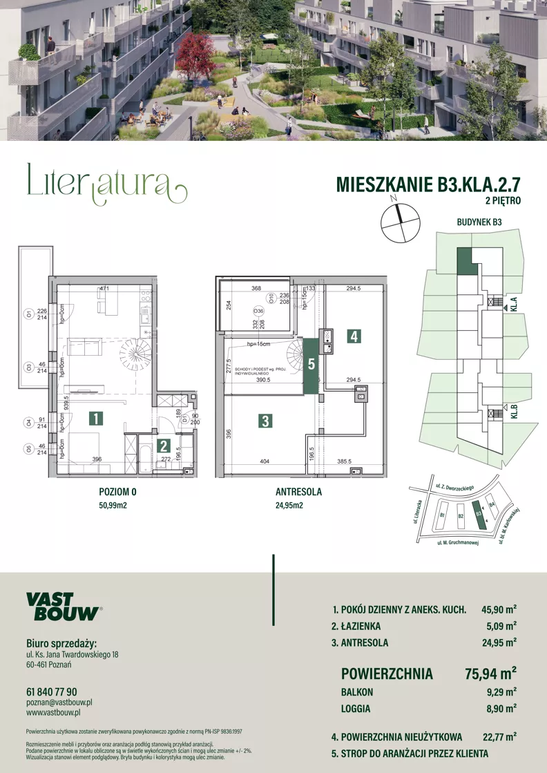 1 pokój, mieszkanie 75,94 m², piętro 2, oferta nr B3.KLA 2.7, Osiedle Literatura, Poznań, Strzeszyn, Strzeszyn, ul. Literacka