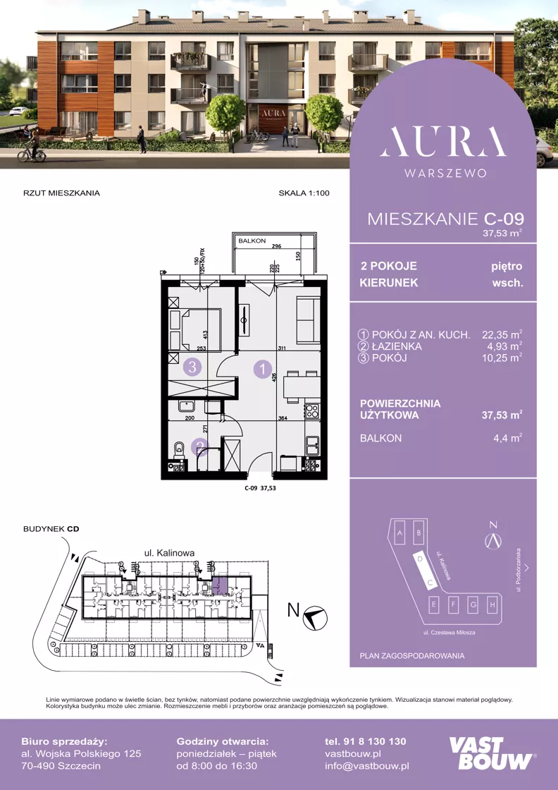 2 pokoje, mieszkanie 37,53 m², piętro 1, oferta nr C-09, AURA WARSZEWO ETAP 2, Szczecin, Północ, Warszewo, ul. Kalinowa