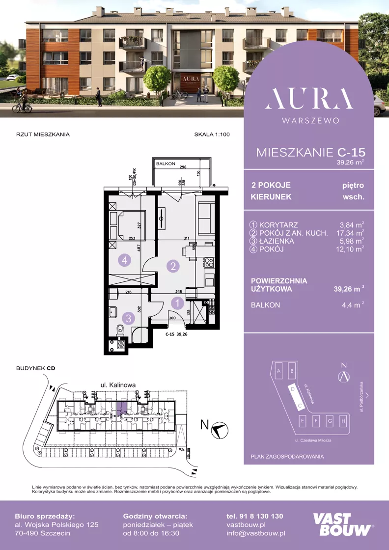 2 pokoje, mieszkanie 39,26 m², piętro 1, oferta nr C-15, AURA WARSZEWO ETAP 2, Szczecin, Północ, Warszewo, ul. Kalinowa