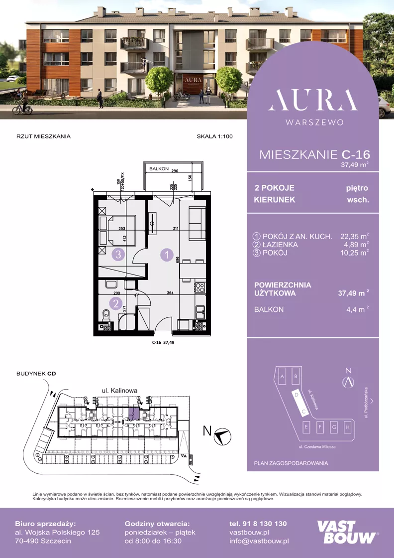 2 pokoje, mieszkanie 37,49 m², piętro 1, oferta nr C-16, AURA WARSZEWO ETAP 2, Szczecin, Północ, Warszewo, ul. Kalinowa