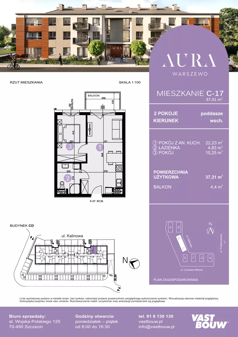 2 pokoje, mieszkanie 37,31 m², piętro 2, oferta nr C-17, AURA WARSZEWO ETAP 2, Szczecin, Północ, Warszewo, ul. Kalinowa