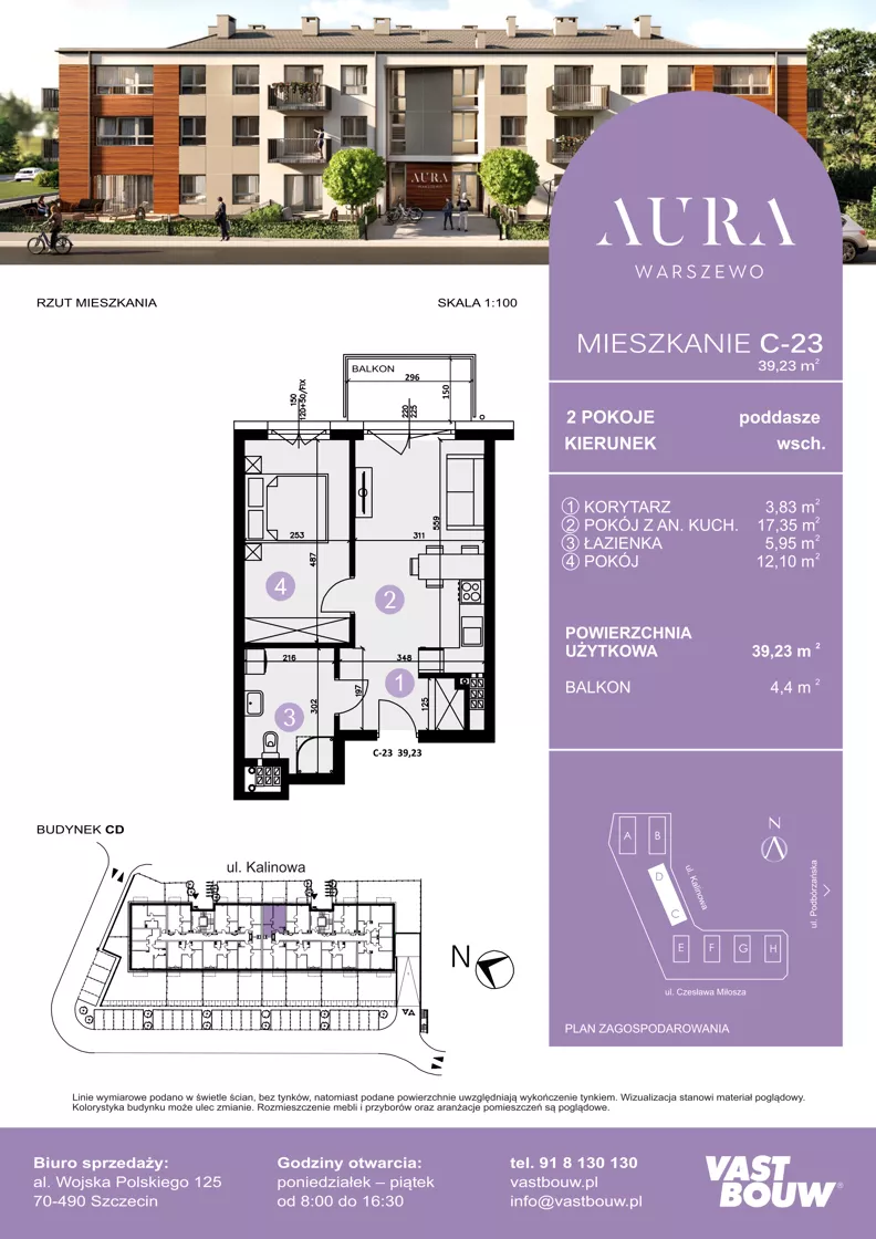 2 pokoje, mieszkanie 39,23 m², piętro 2, oferta nr C-23, AURA WARSZEWO ETAP 2, Szczecin, Północ, Warszewo, ul. Kalinowa