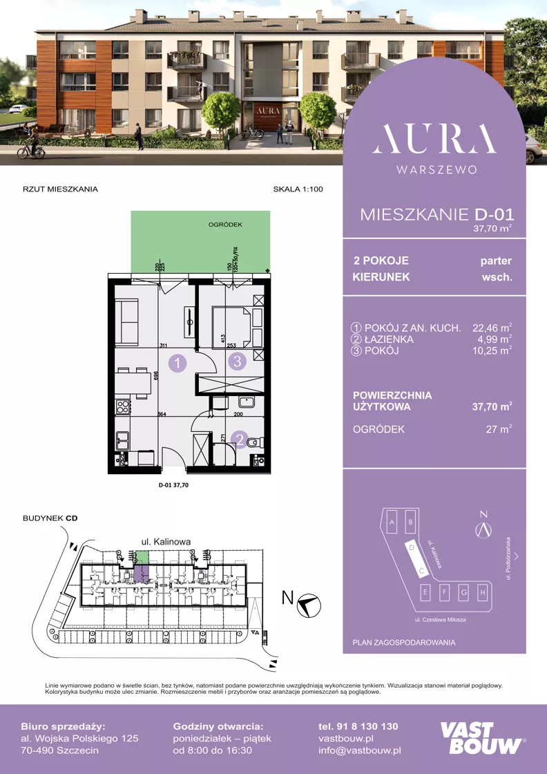 2 pokoje, mieszkanie 37,70 m², parter, oferta nr D-01, AURA WARSZEWO ETAP 2, Szczecin, Północ, Warszewo, ul. Kalinowa