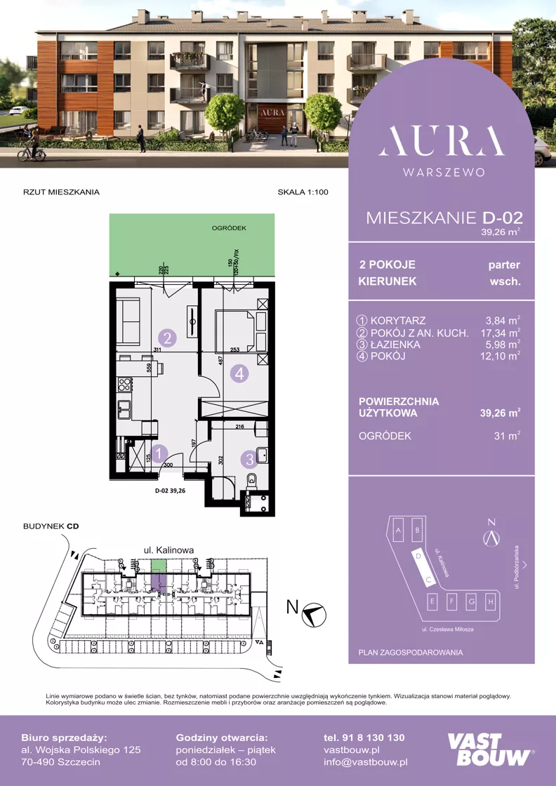 2 pokoje, mieszkanie 39,26 m², parter, oferta nr D-02, AURA WARSZEWO ETAP 2, Szczecin, Północ, Warszewo, ul. Kalinowa
