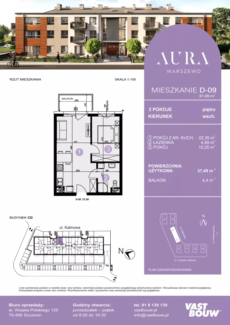 2 pokoje, mieszkanie 37,49 m², piętro 1, oferta nr D-09, AURA WARSZEWO ETAP 2, Szczecin, Północ, Warszewo, ul. Kalinowa