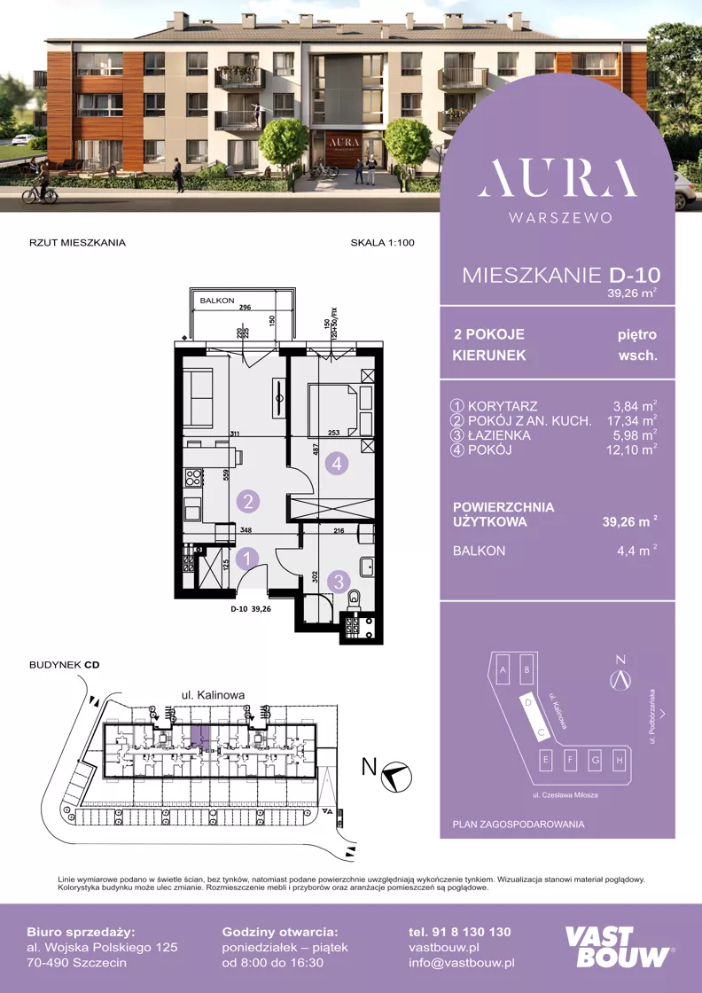 2 pokoje, mieszkanie 39,26 m², piętro 1, oferta nr D-10, AURA WARSZEWO ETAP 2, Szczecin, Północ, Warszewo, ul. Kalinowa
